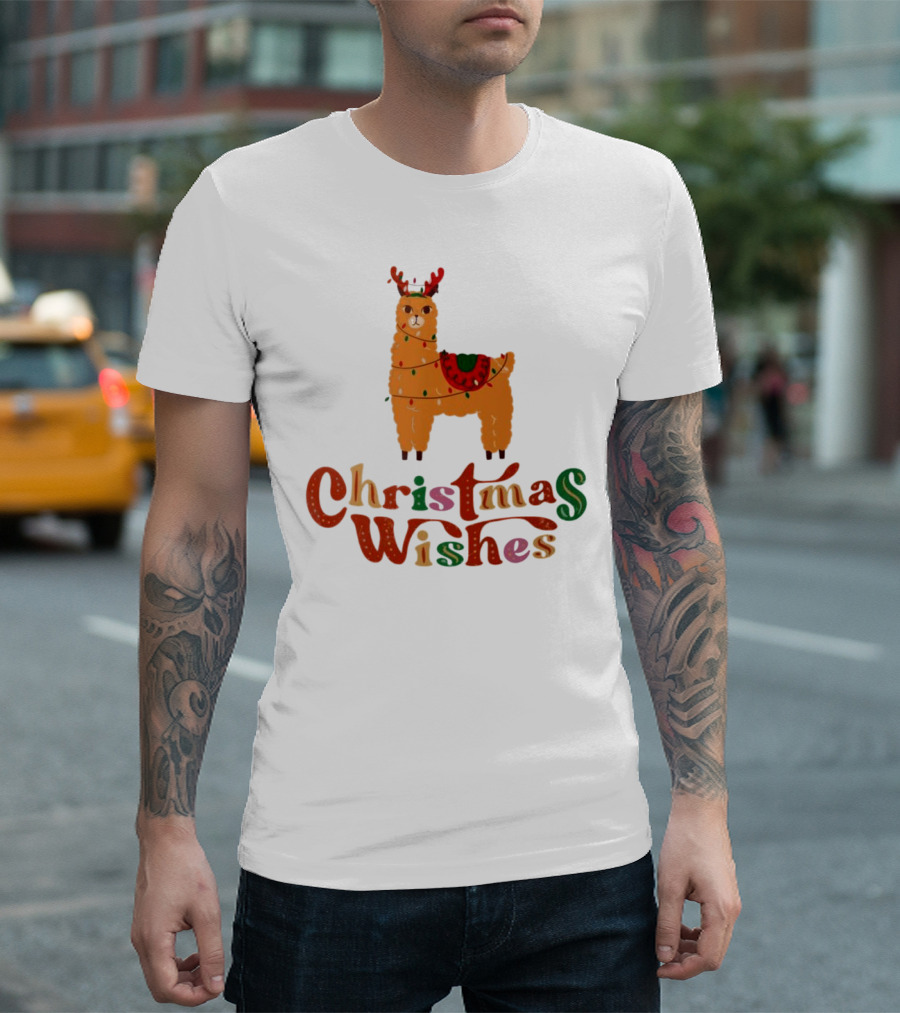Christmas Wishes Llama Reindeer With Lights T-Shirt