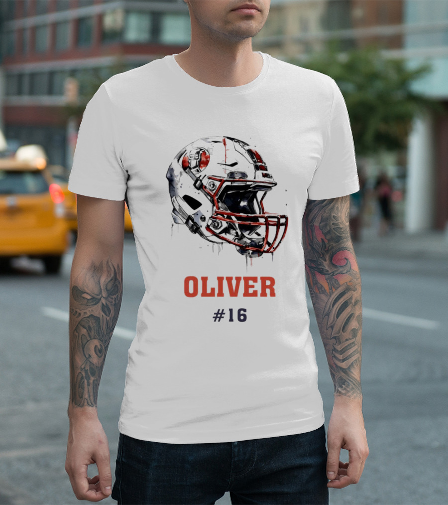 Oliver Personalized Helmet Football Custom Name #16 T-Shirt