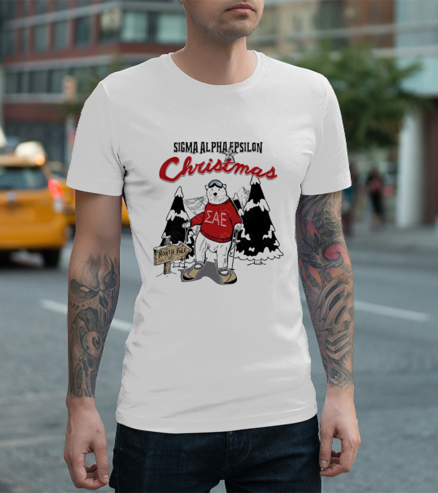 Sigma Alpha Epsilon Christmas Polar Bear at North Pole Skiing T-Shirt