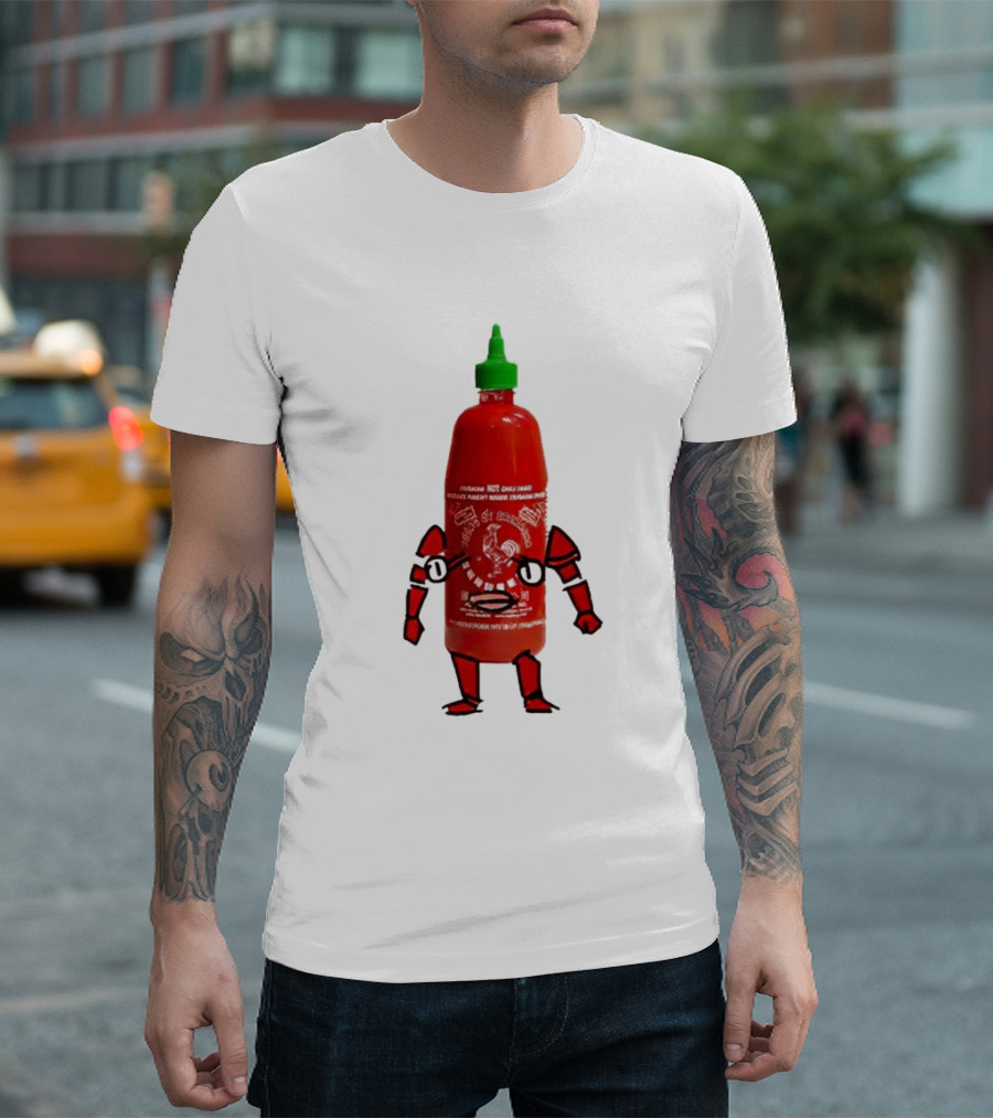 Sriracha Sauce Animated Bottle Character with Green Cap T-Shirt