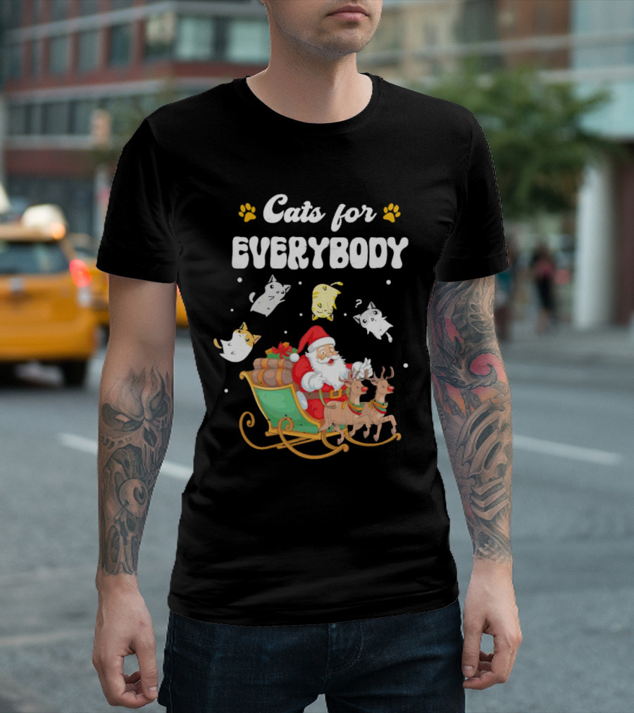Santa with Flying Cats and Reindeer Sleigh for Everybody Christmas T-Shirt