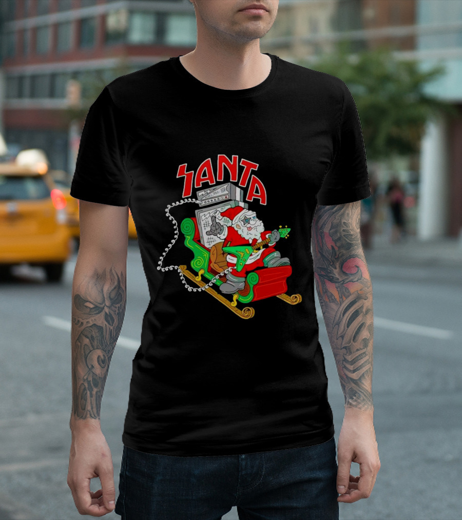 Santa Rocks Sleigh With Guitar And Amps Christmas T-Shirt