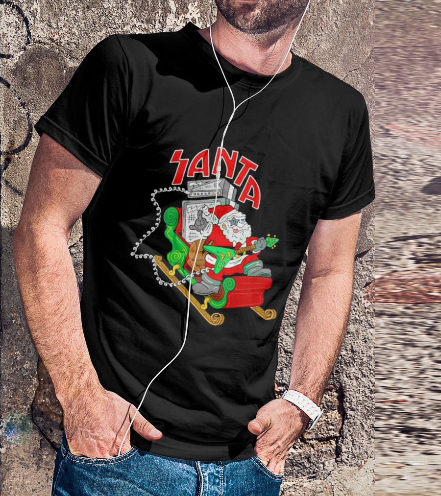 Santa Rocks Sleigh With Guitar And Amps Christmas T-Shirt