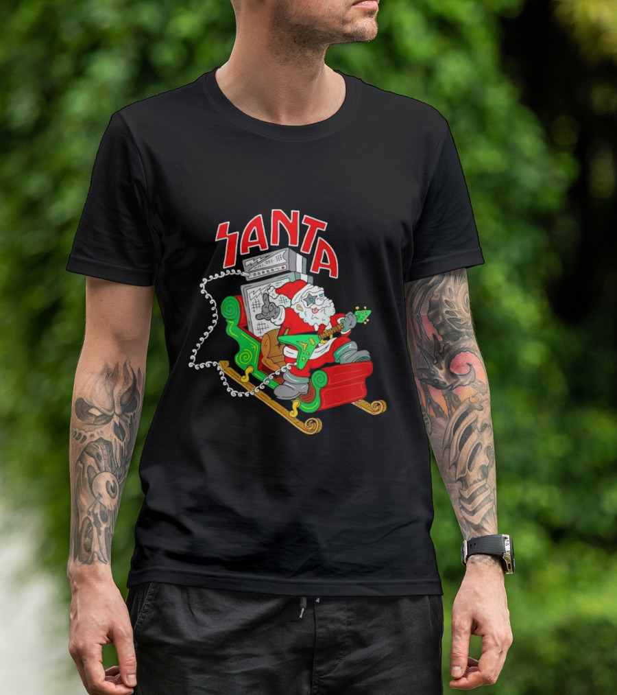 Santa Rocks Sleigh With Guitar And Amps Christmas T-Shirt