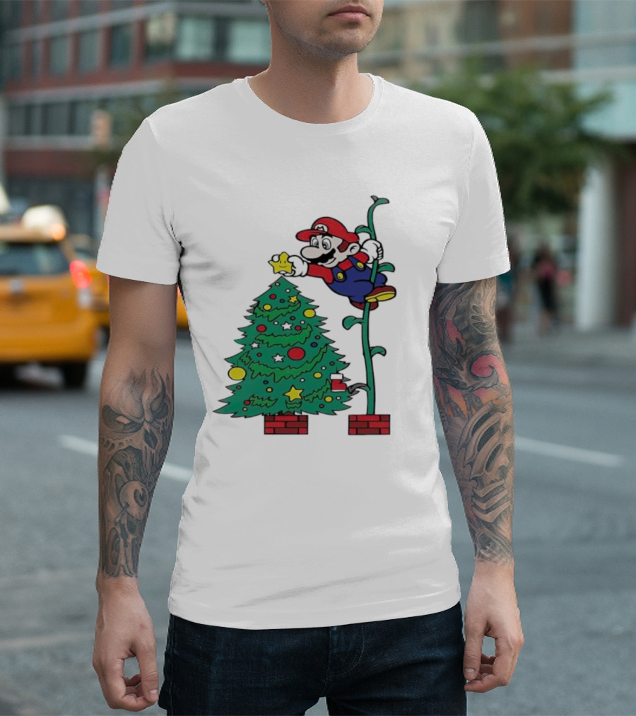 Super Mario Decorating Christmas Tree with Power-Up Star and Brick Blocks T-Shirt