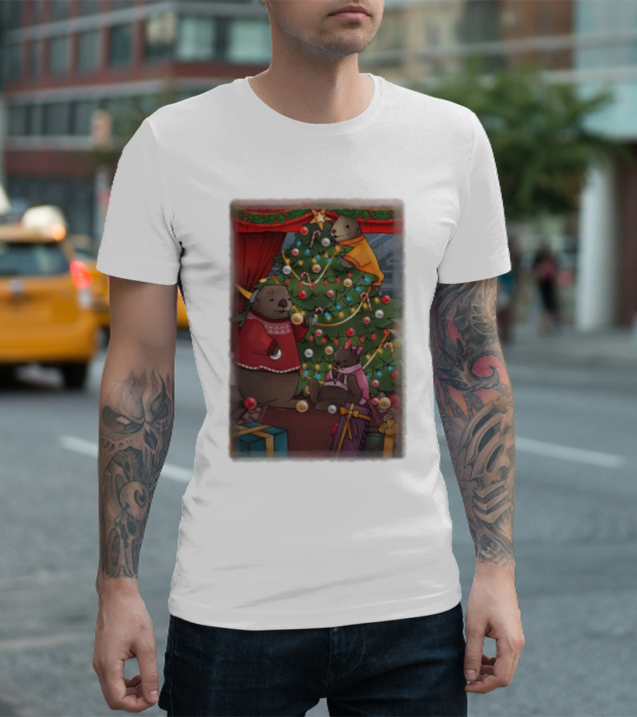 Tazz Talks Christmas Tree Celebrations with Adorable Bear Family Holiday Scene T-Shirt