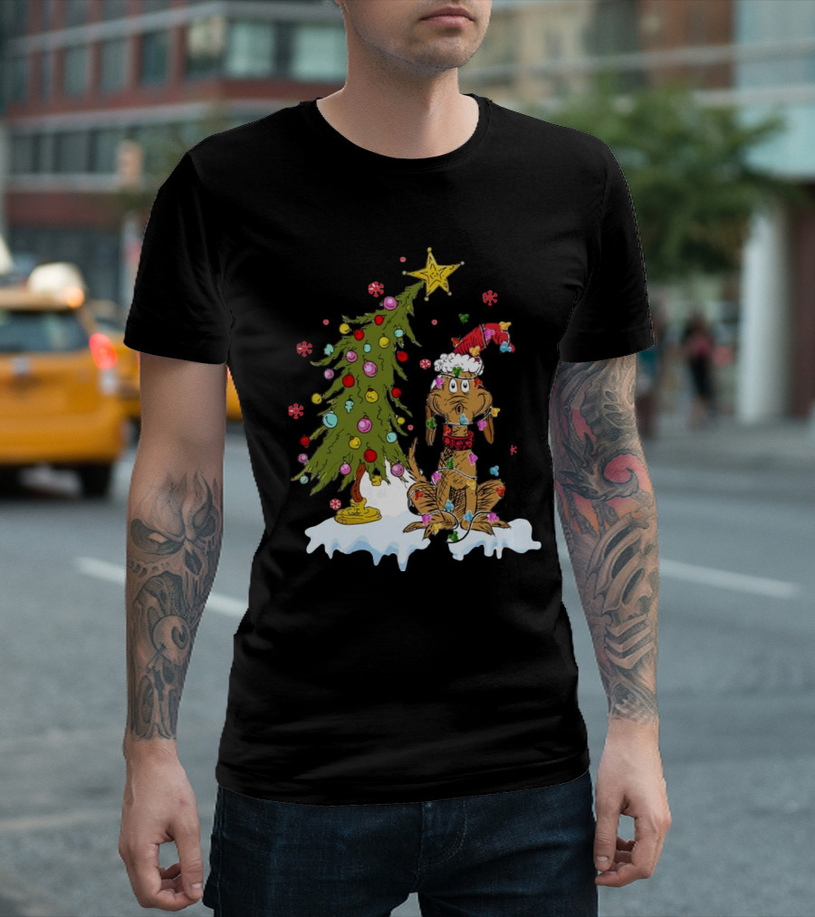 Christmas Max Dog Wrapped in Lights with Grinch Tree Scene T-Shirt