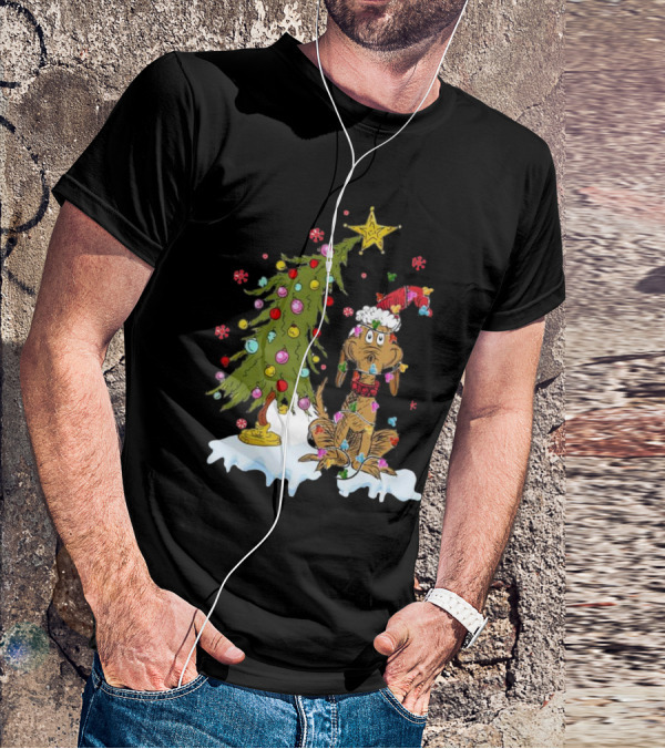 Christmas Max Dog Wrapped In Lights With Grinch Tree Scene T-Shirt