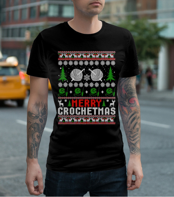 Merry Crochetmas Christmas Yarn Balls Snowflakes Trees Reindeer T-Shirt
