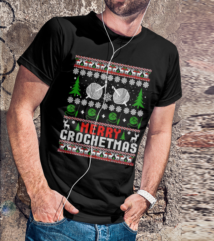 Merry Crochetmas Christmas Yarn Balls Snowflakes Trees Reindeer T-Shirt