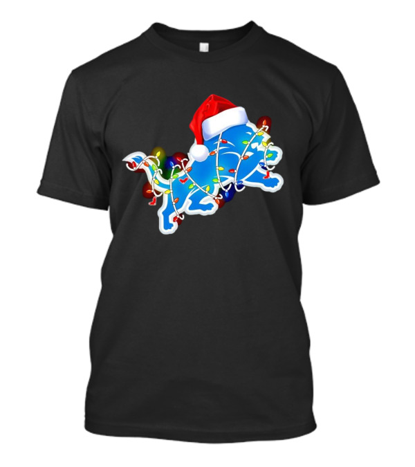 Detroit Lions Christmas Lights Santa Hat Holiday Football T-Shirt