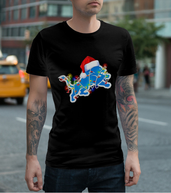 Detroit Lions Christmas Lights Santa Hat Holiday Football T-Shirt