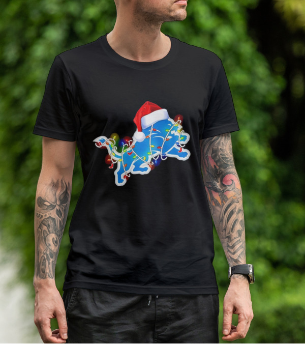 Detroit Lions Christmas Lights Santa Hat Holiday Football T-Shirt