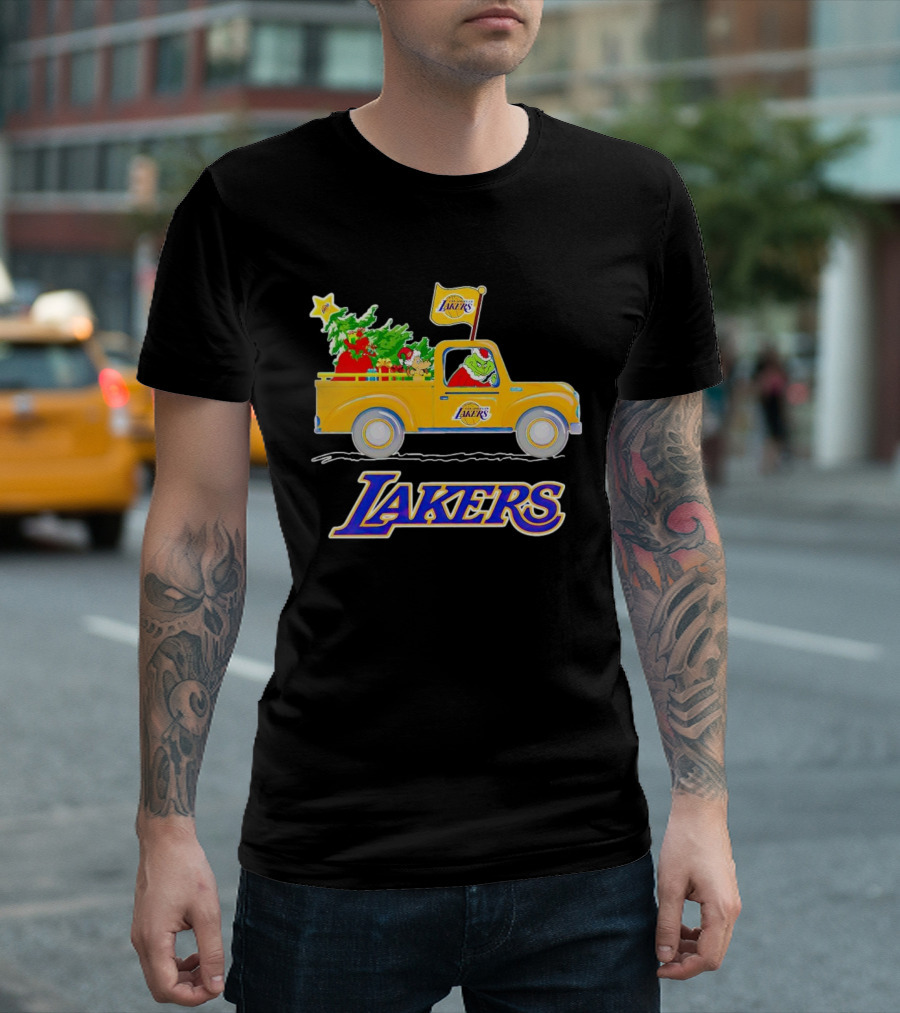Grinch Driving Los Angeles Lakers Truck With Christmas Tree T-Shirt