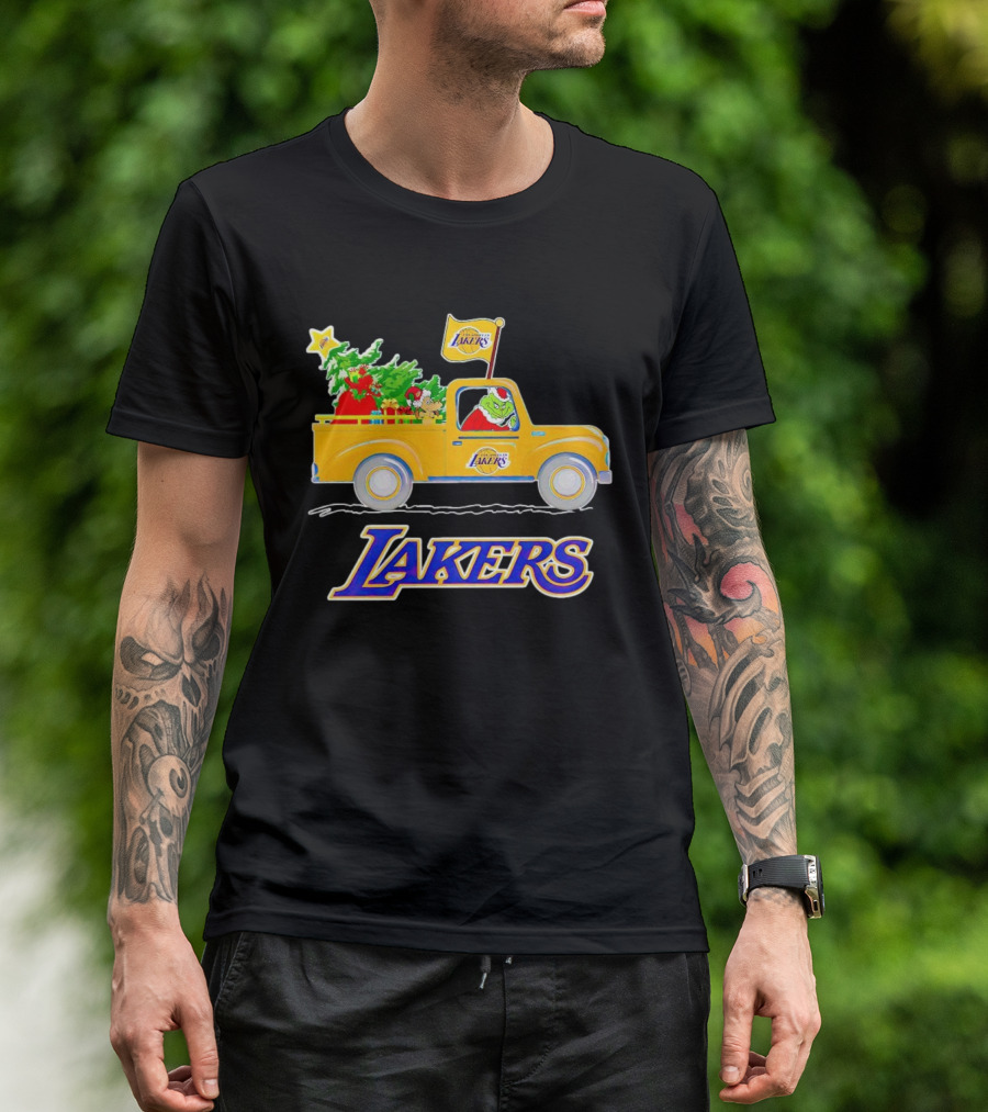 Grinch Driving Los Angeles Lakers Truck With Christmas Tree T-Shirt