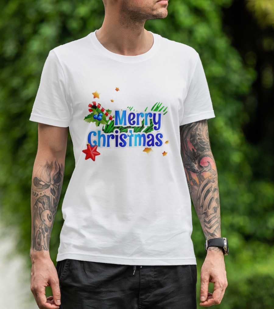 Merry Christmas Candy Cane Holly Pine Red Star T-Shirt