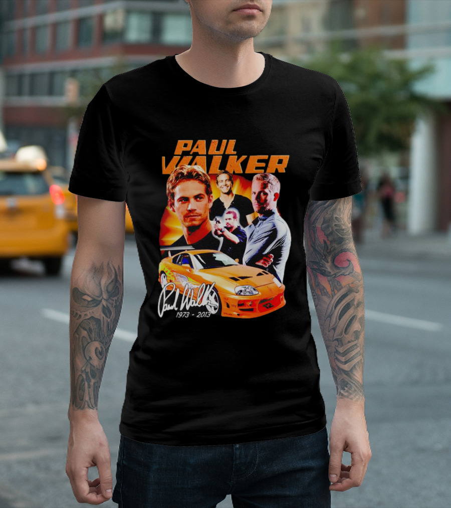 Paul Walker 1973-2013 Collage Signature Orange Car T-Shirt