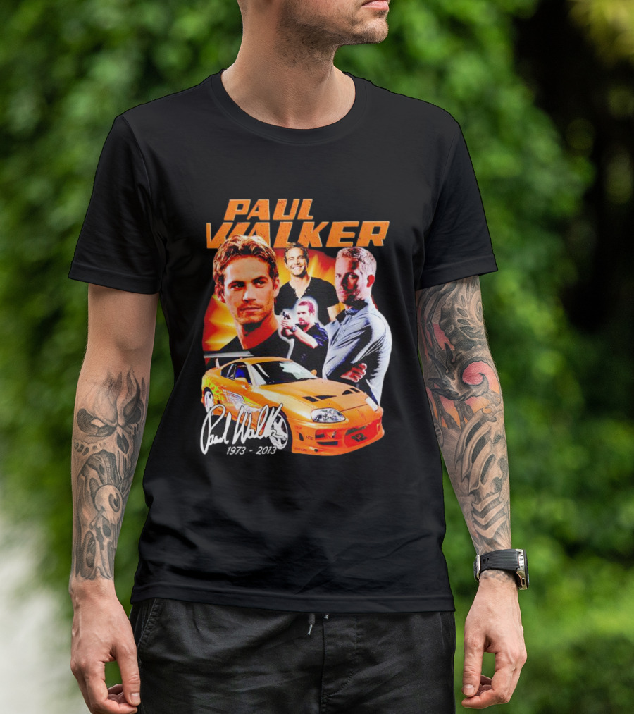 Paul Walker 1973-2013 Collage Signature Orange Car T-Shirt