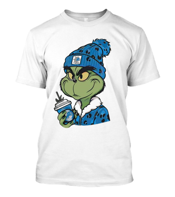Grinch Wearing Detroit Lions Winter Outfit Holding Drink Christmas T-Shirt