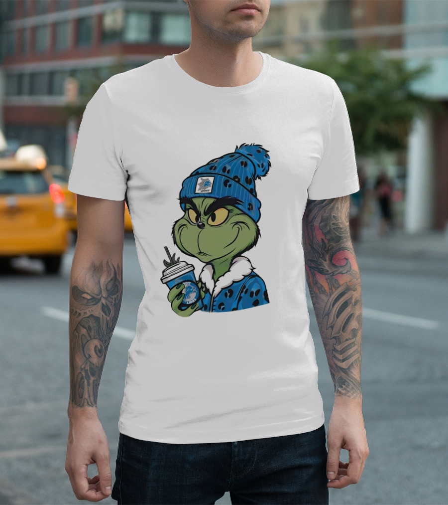 Grinch Wearing Detroit Lions Winter Outfit Holding Drink Christmas T-Shirt