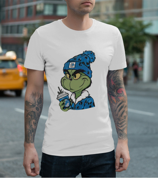Grinch Wearing Detroit Lions Winter Outfit Holding Drink Christmas T-Shirt