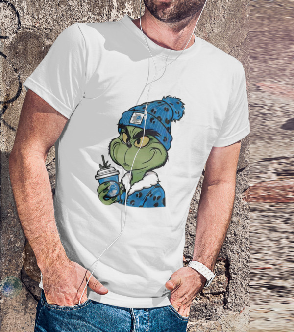 Grinch Wearing Detroit Lions Winter Outfit Holding Drink Christmas T-Shirt