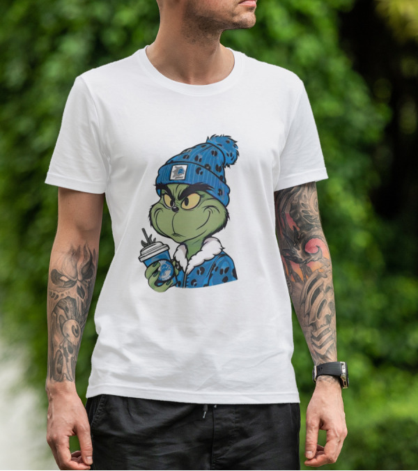 Grinch Wearing Detroit Lions Winter Outfit Holding Drink Christmas T-Shirt