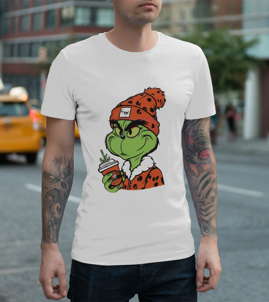 Grinch Wears Orange Beanie Holds Browns Mug Christmas T-Shirt