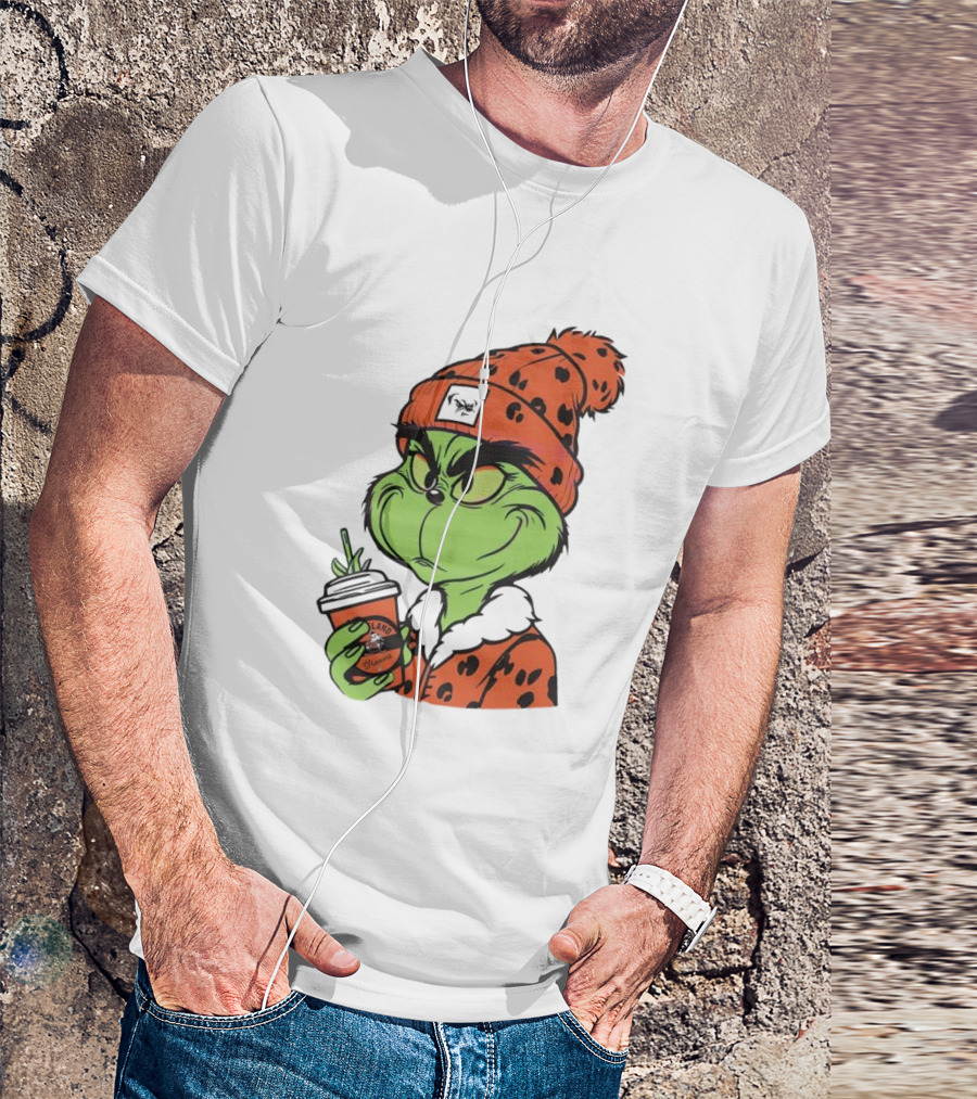 Grinch Wears Orange Beanie Holds Browns Mug Christmas T-Shirt