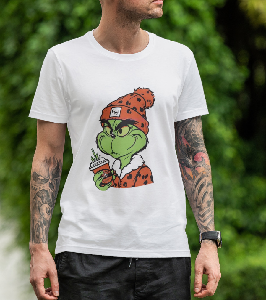 Grinch Wears Orange Beanie Holds Browns Mug Christmas T-Shirt