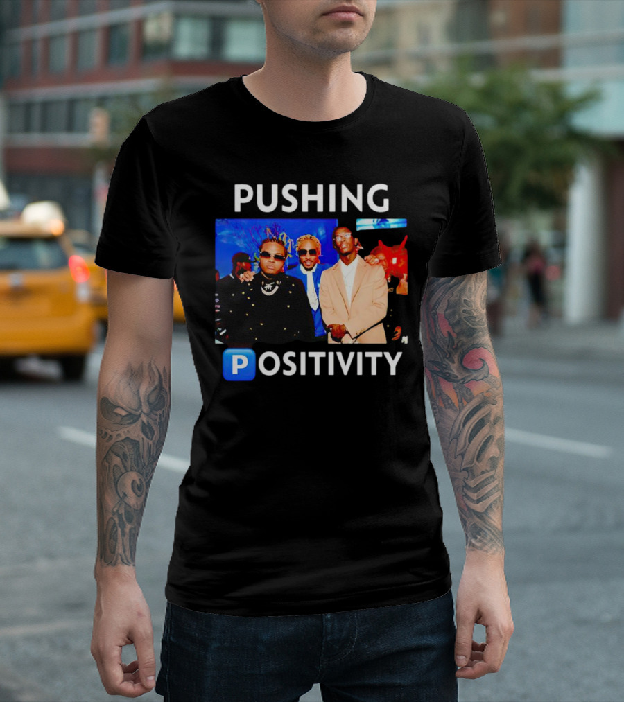 Pushing Positivity Iconic Trio with Blue Background T-Shirt