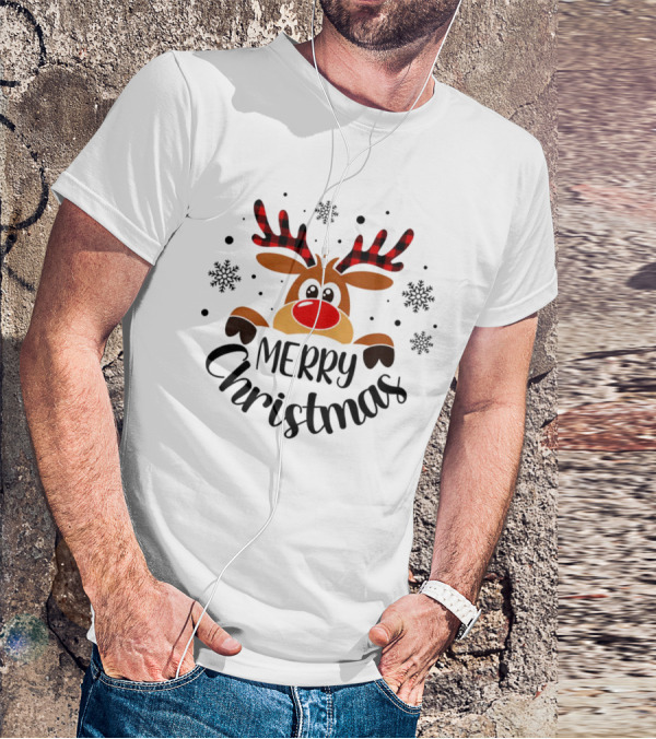Reindeer Merry Christmas Plaid Antlers Snowflake T-Shirt