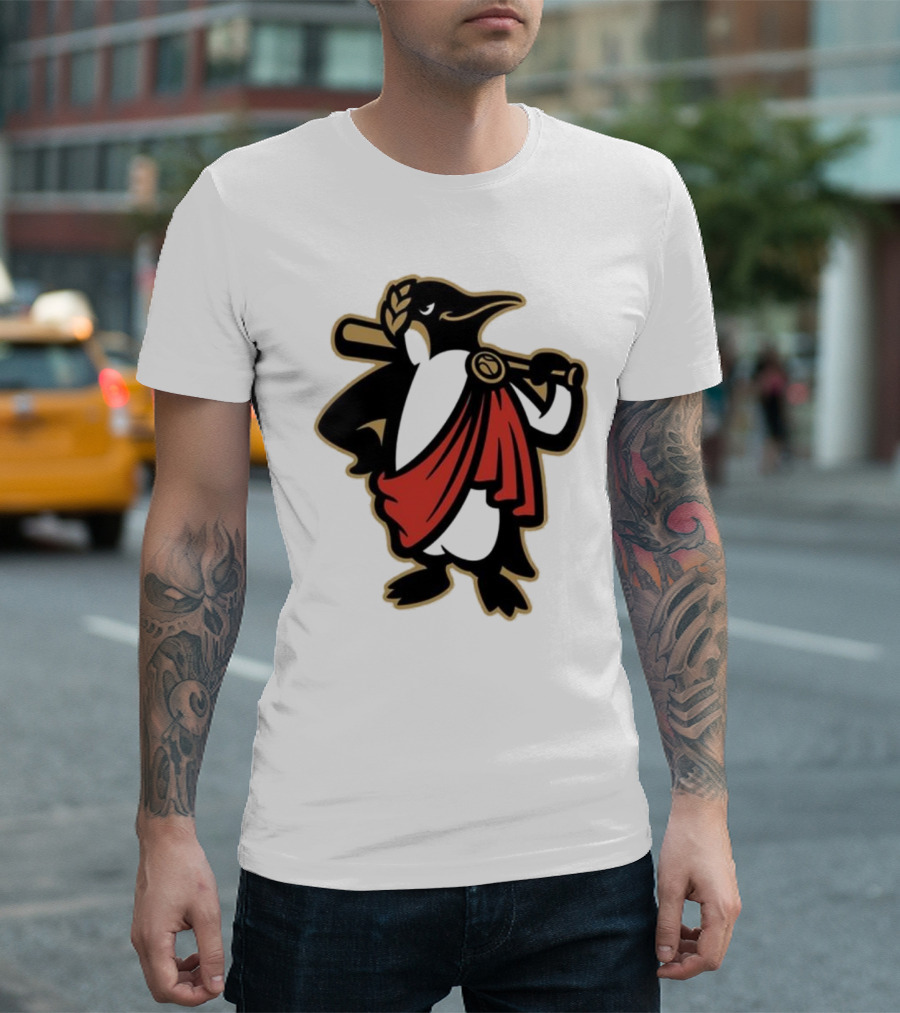 Rome Emperors Penguin in Red Toga with Baseball Bat and Laurel Wreath T-Shirt
