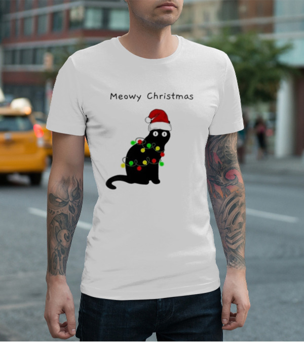 Meowy Christmas Santa Cat With Lights T-Shirt