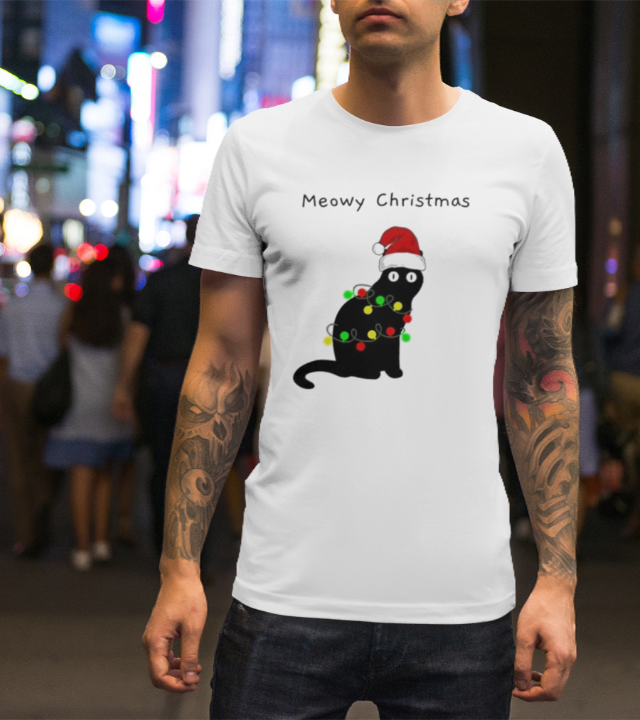 Meowy Christmas Santa Cat With Lights T-Shirt