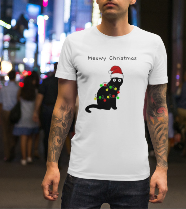 Meowy Christmas Santa Cat With Lights T-Shirt