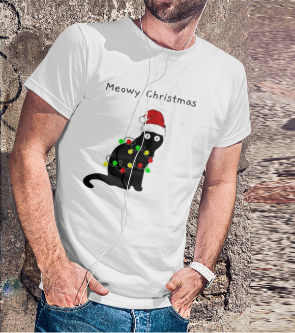 Meowy Christmas Santa Cat With Lights T-Shirt