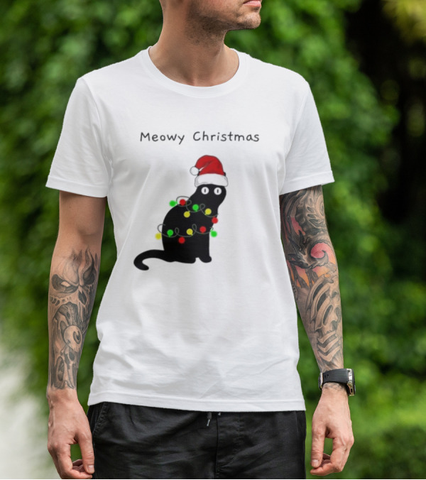 Meowy Christmas Santa Cat With Lights T-Shirt