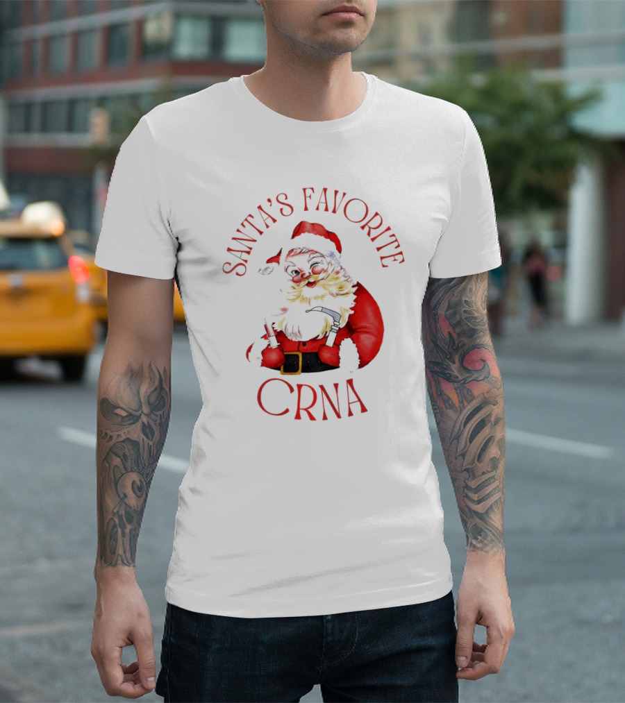 Santa's Favorite CRNA Christmas Festive Red Suit and Beard T-Shirt