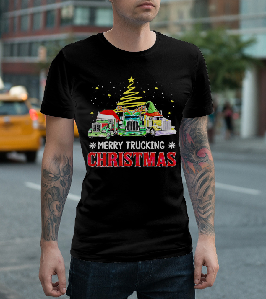 Merry Trucking Christmas with Festive Decorated Trucks and Starry Tree T-Shirt
