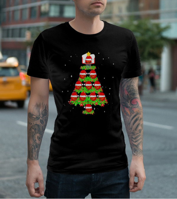 Basketball Hoops And Santa Hats Christmas Tree T-Shirt