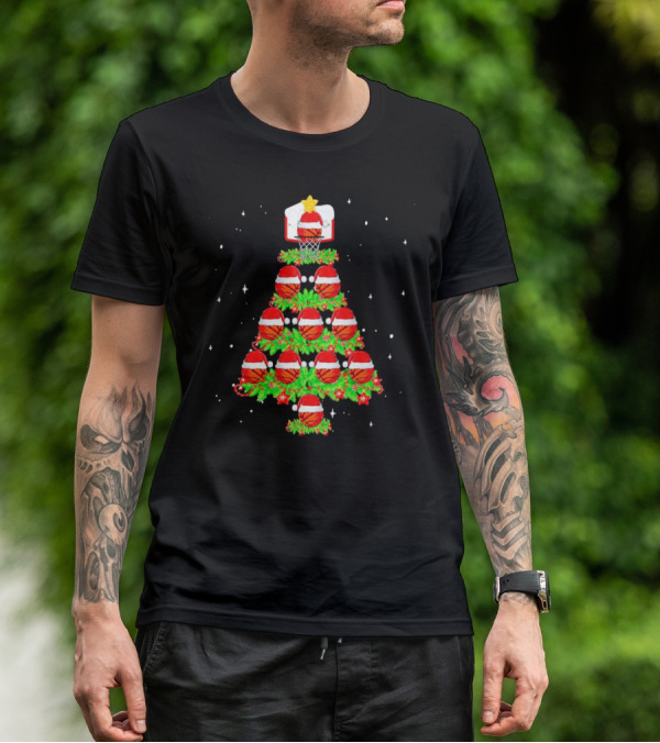 Basketball Hoops And Santa Hats Christmas Tree T-Shirt