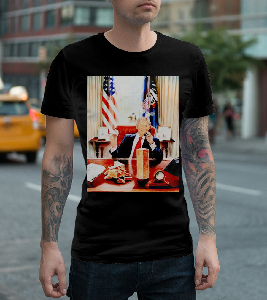 Bush 911 Presidential Desk Scene with Playing Cards and Towers T-Shirt