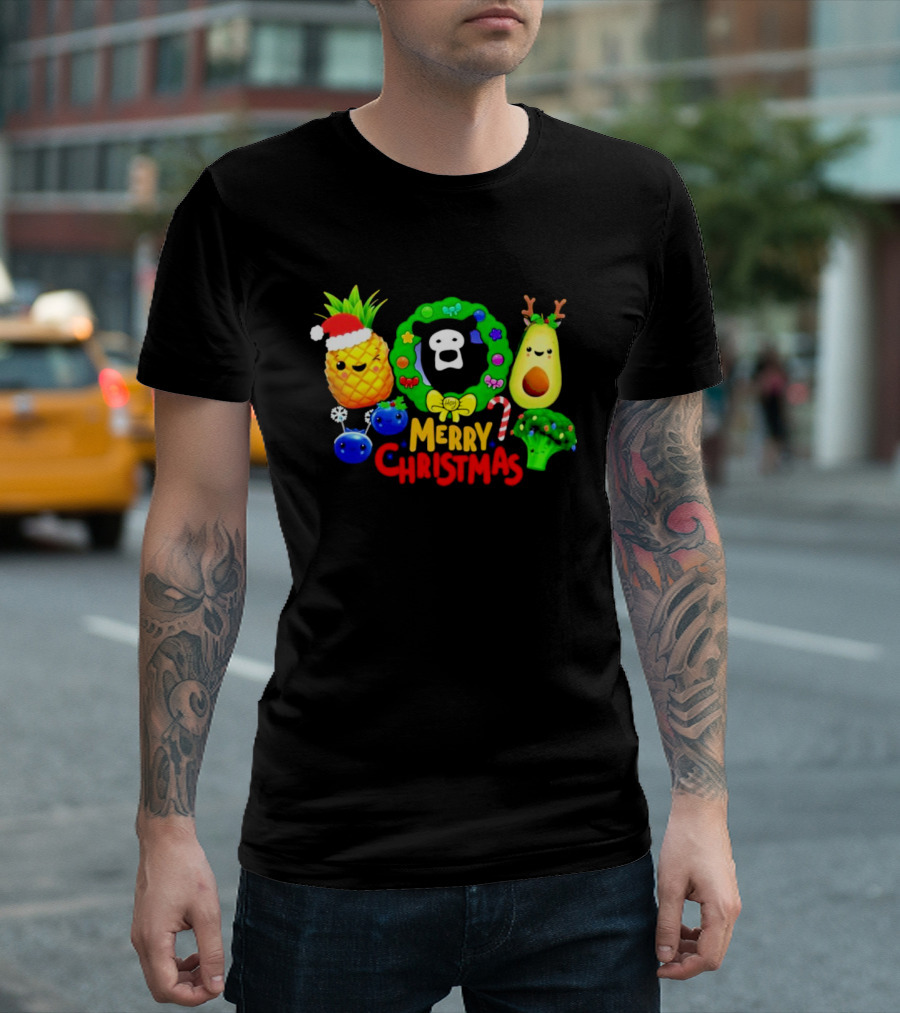 Hey Bear Sensory Merry Christmas Pineapple Avocado Broccoli Wreath T-Shirt