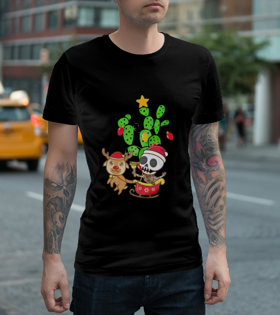Nopalito Calacas Feliz Navidad Cactus Skeleton Reindeer Christmas T-Shirt