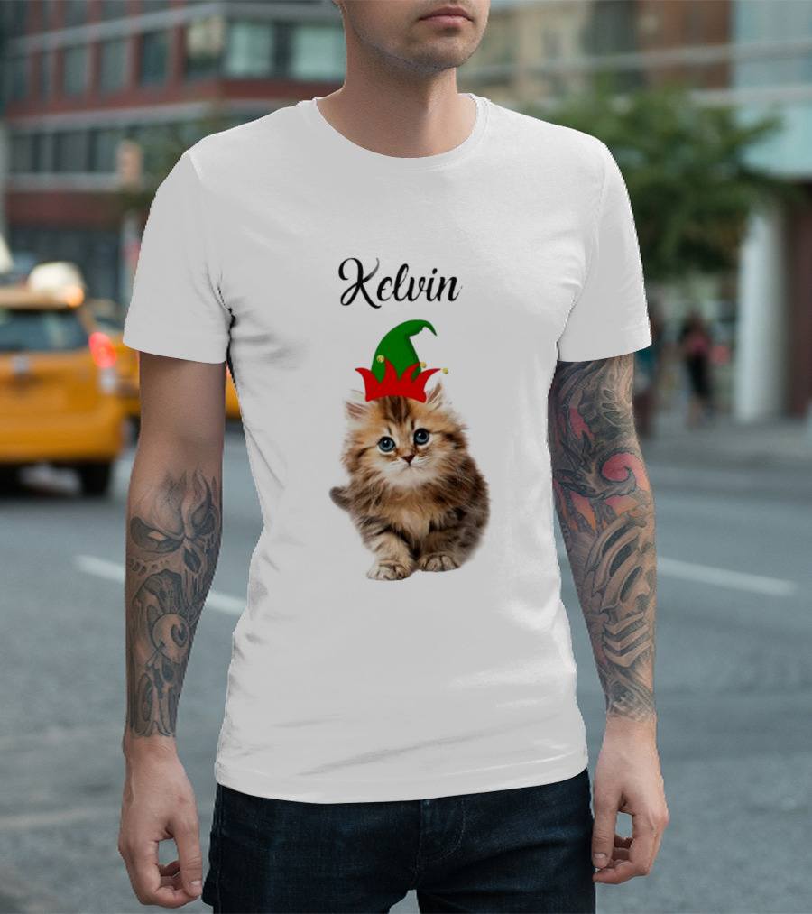 Kelvin Cat Wearing Elf Hat Merry Christmas Custom Name T-Shirt