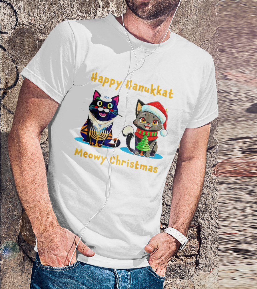 Happy Hanukkat Meowy Christmas Cats In Festive Holiday Attire T-Shirt