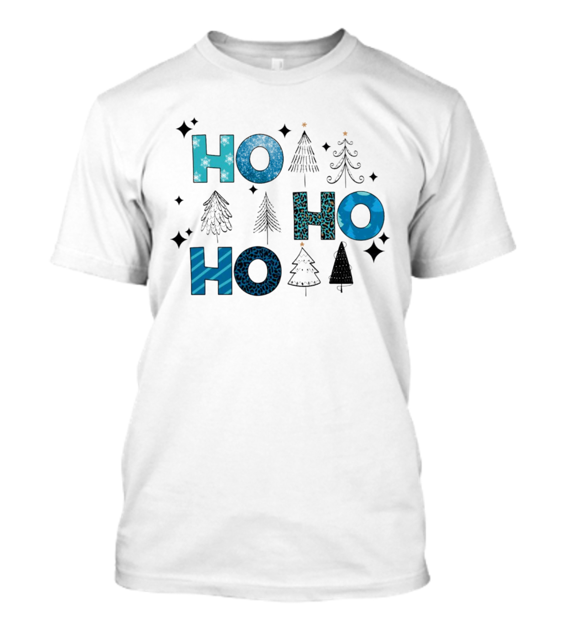 Hohoho Christmas Blue Patterns With Trees And Stars T-Shirt