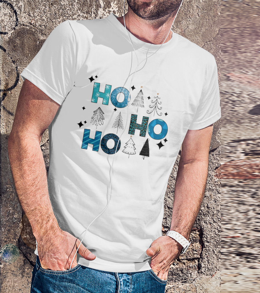 Hohoho Christmas Blue Patterns With Trees And Stars T-Shirt