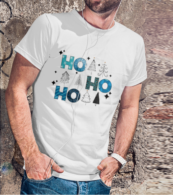 Hohoho Christmas Blue Patterns With Trees And Stars T-Shirt